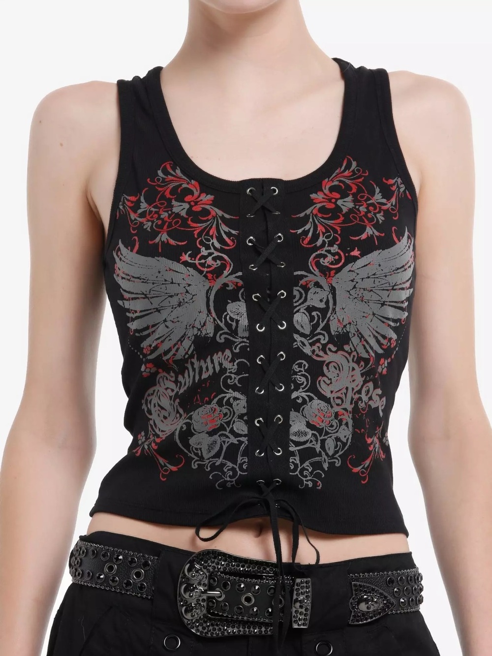 Hot Topic Black Lace-Up Tank with Red & Gray Wing Graphic